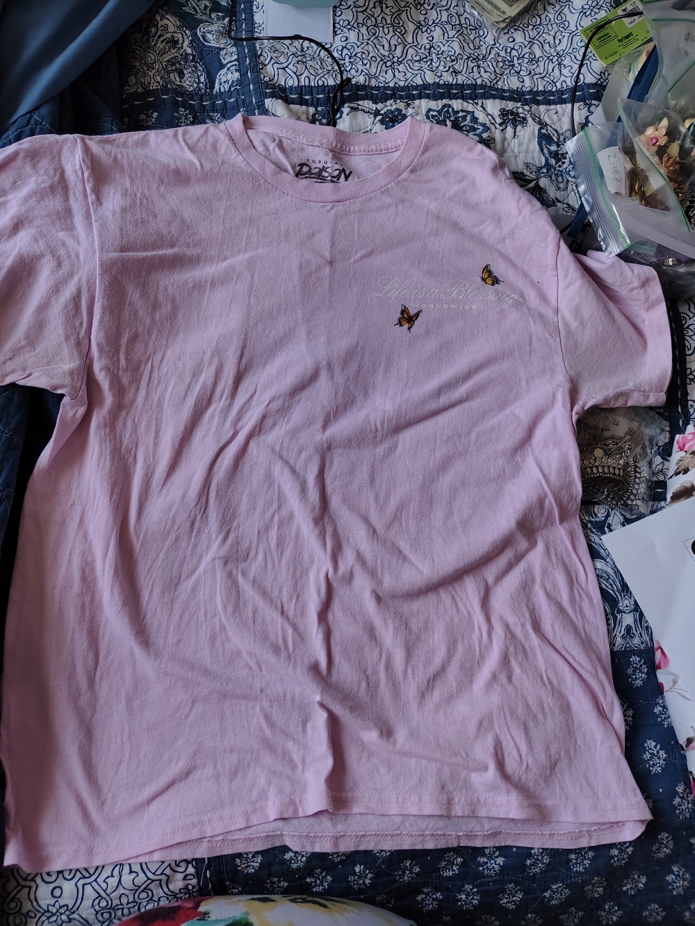Popular Poison  Pink "Life Is A Blessing" Size L Beautiful Back Design